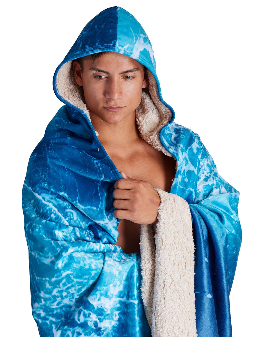 Blue Ocean Large Hooded Sherpa Blanket